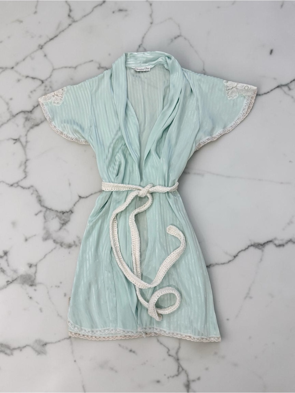 Vintage Christian Dior Size Small Green Striped Satin Robe Lace Detail